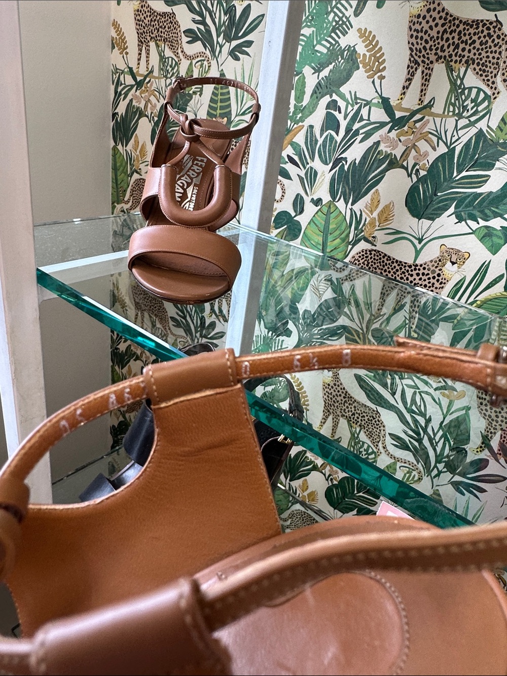 Salvatore Ferragamo Tan Leather T-Strap Heeled Sandals - Picture 8 of 8